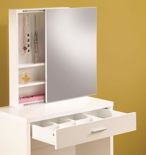 Glossy Vanity with Hidden Mirror Storage in White and Cappuccino