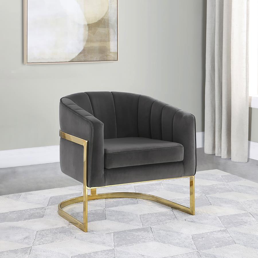 Grey Velvet Barrel Accent Chair with Gold Legs