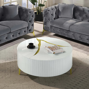 White Round Coffee Table with Gold Accents