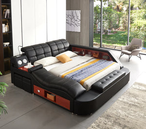 Modern Leather Bed with Speaker & Massager in Black or Grey