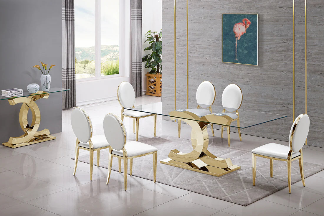 Modern Dining Table with Adjustable Base in Gold or Silver