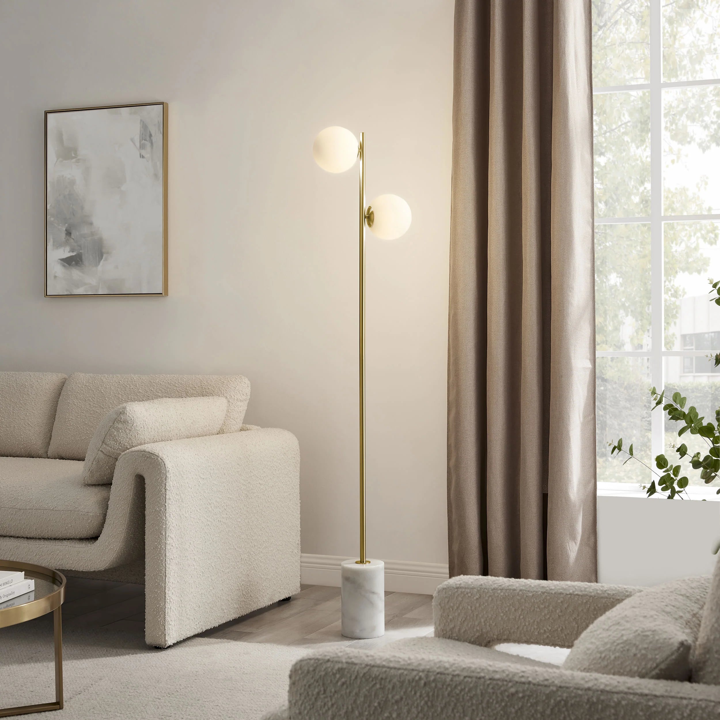 Gold and White Floor Lamp with 2 Frosted Shades