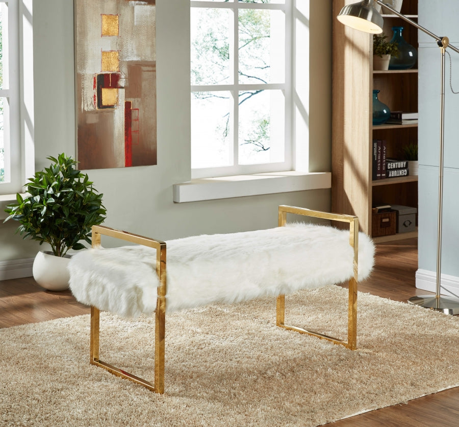 Cole White Fur Bench with Gold Legs