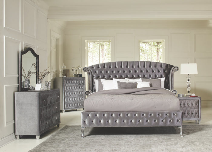 Dena Grey Velvet Tufted with Nailheads Bedroom Collection