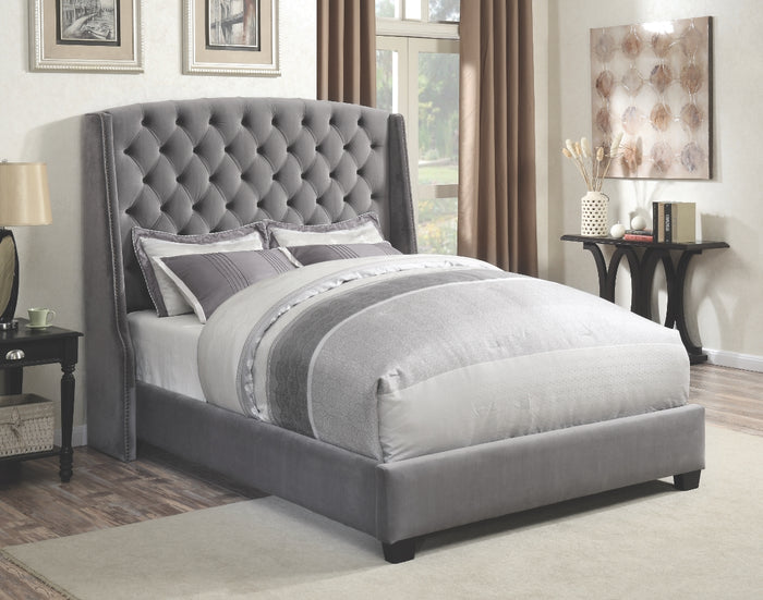 Prisca Winged Grey Velvet Tufted Bed with Nailheads