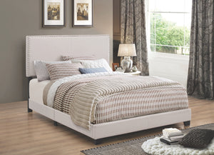 Boyce Fabric Upholstered Bed with Nailhead Trim in Ivory, Charcoal, or Grey