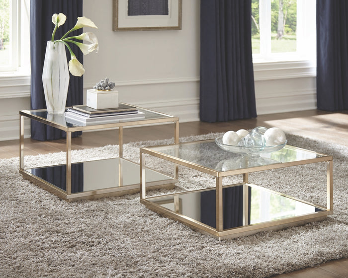 Square Glass Top Occasional Tables Set in Rose Brass