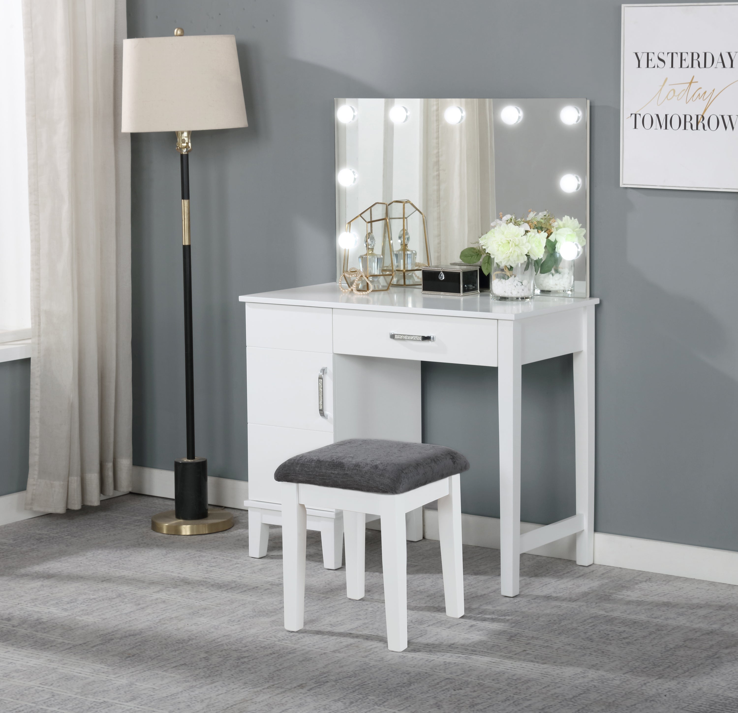 White Hollywood Style Vanity with Stool