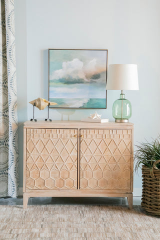 White Distressed Geometric Carved Accent Cabinet