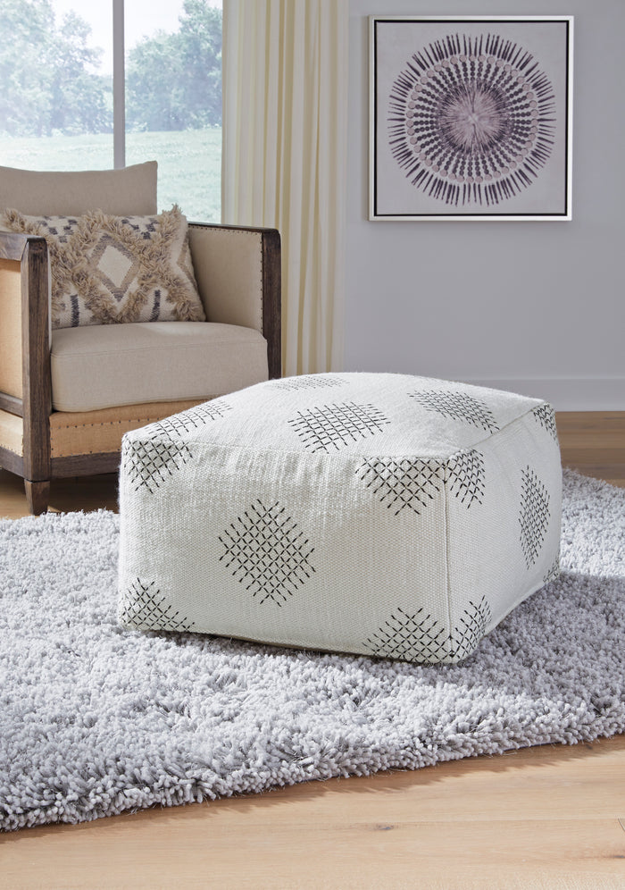 Ivory Hand Woven Pouf with Black Accent Stitching