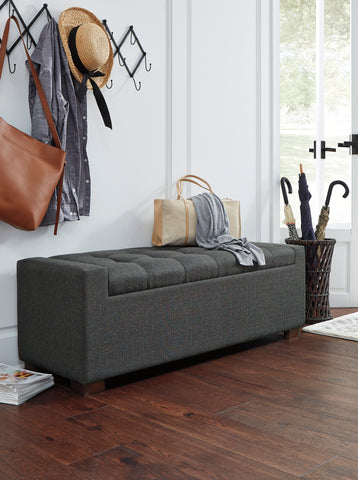 Tufted Grey Fabric Storage Bench