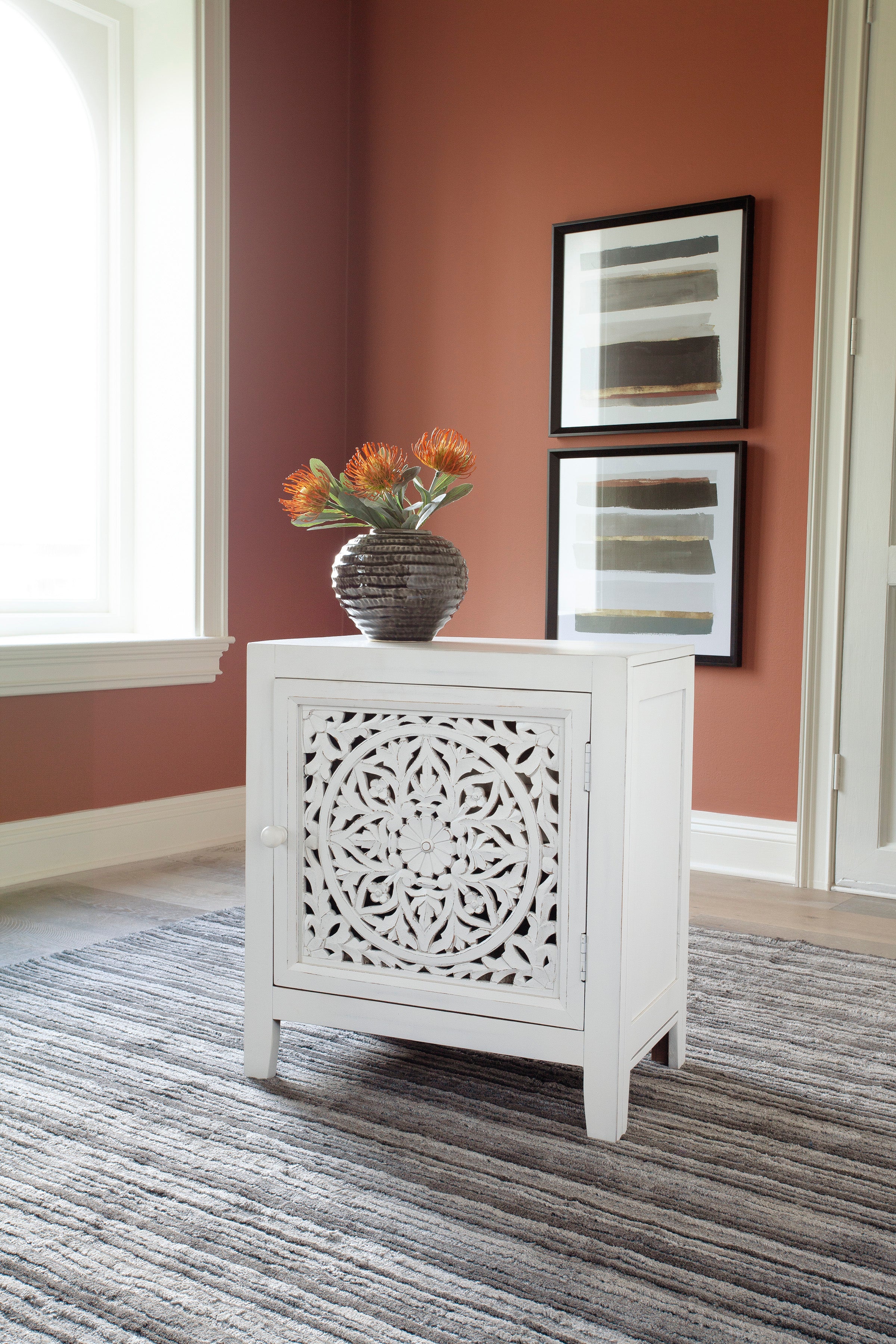 White Hand Carved Medallion Pattern Accent Cabinet