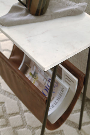 White Marble Accent Table with Magazine Holder
