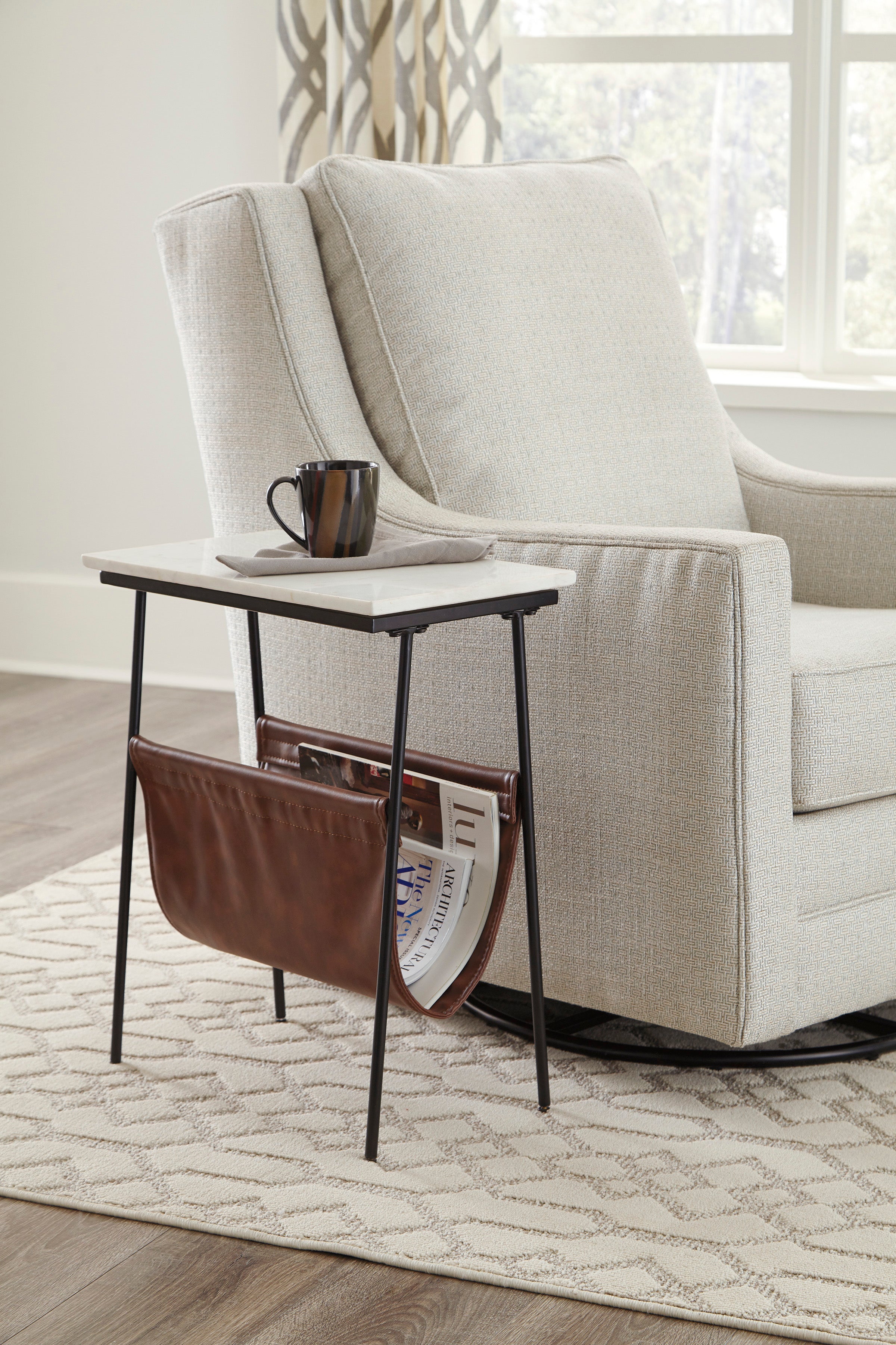 White Marble Accent Table with Magazine Holder