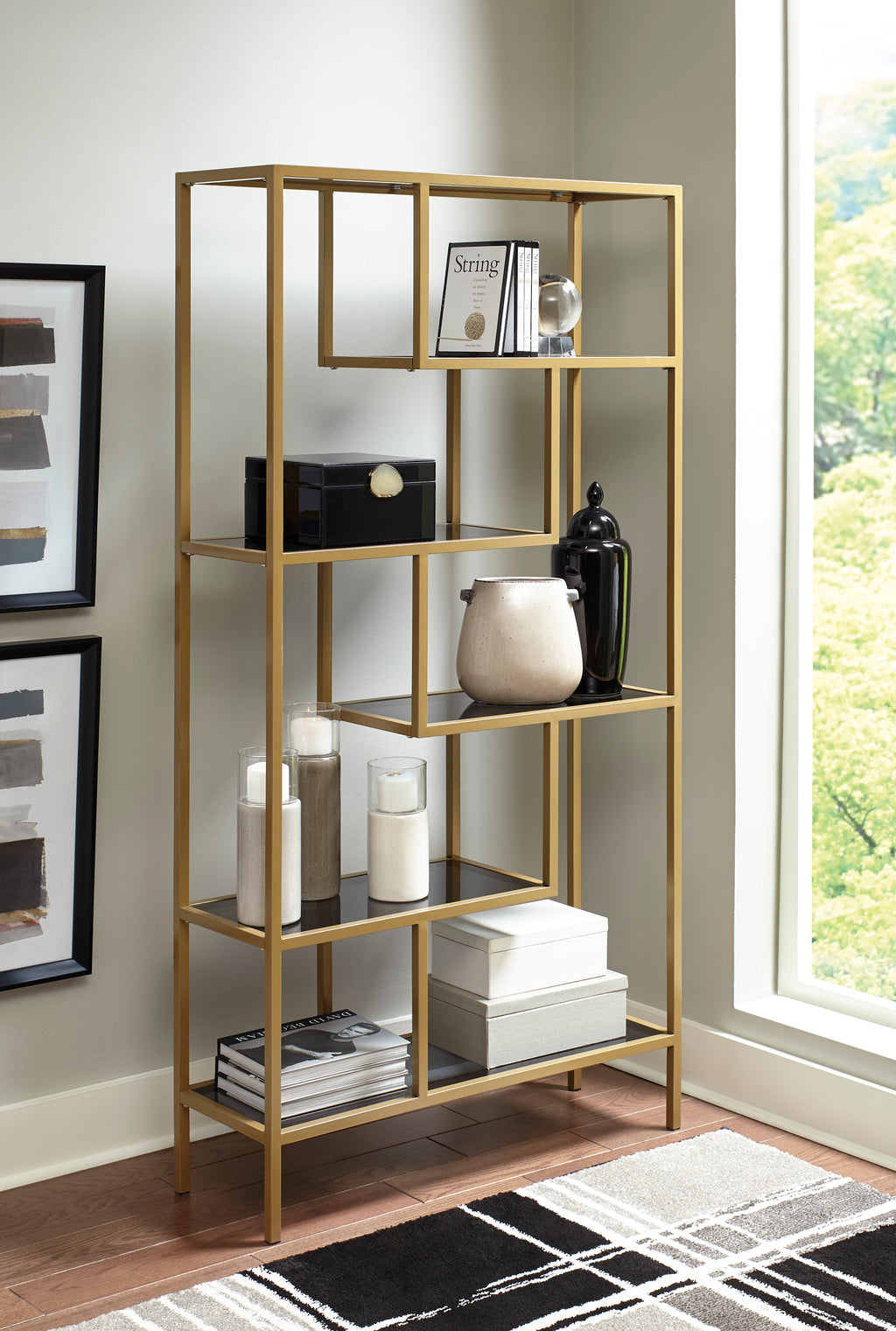 Gold Metal Bookcase with Grey Tinted Glass Shelves
