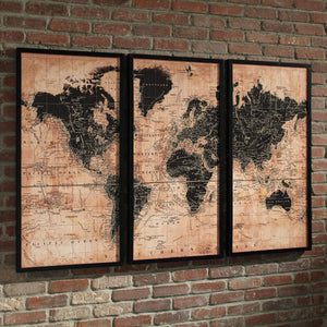 World Map 3 Piece Canvas Wall Art Set