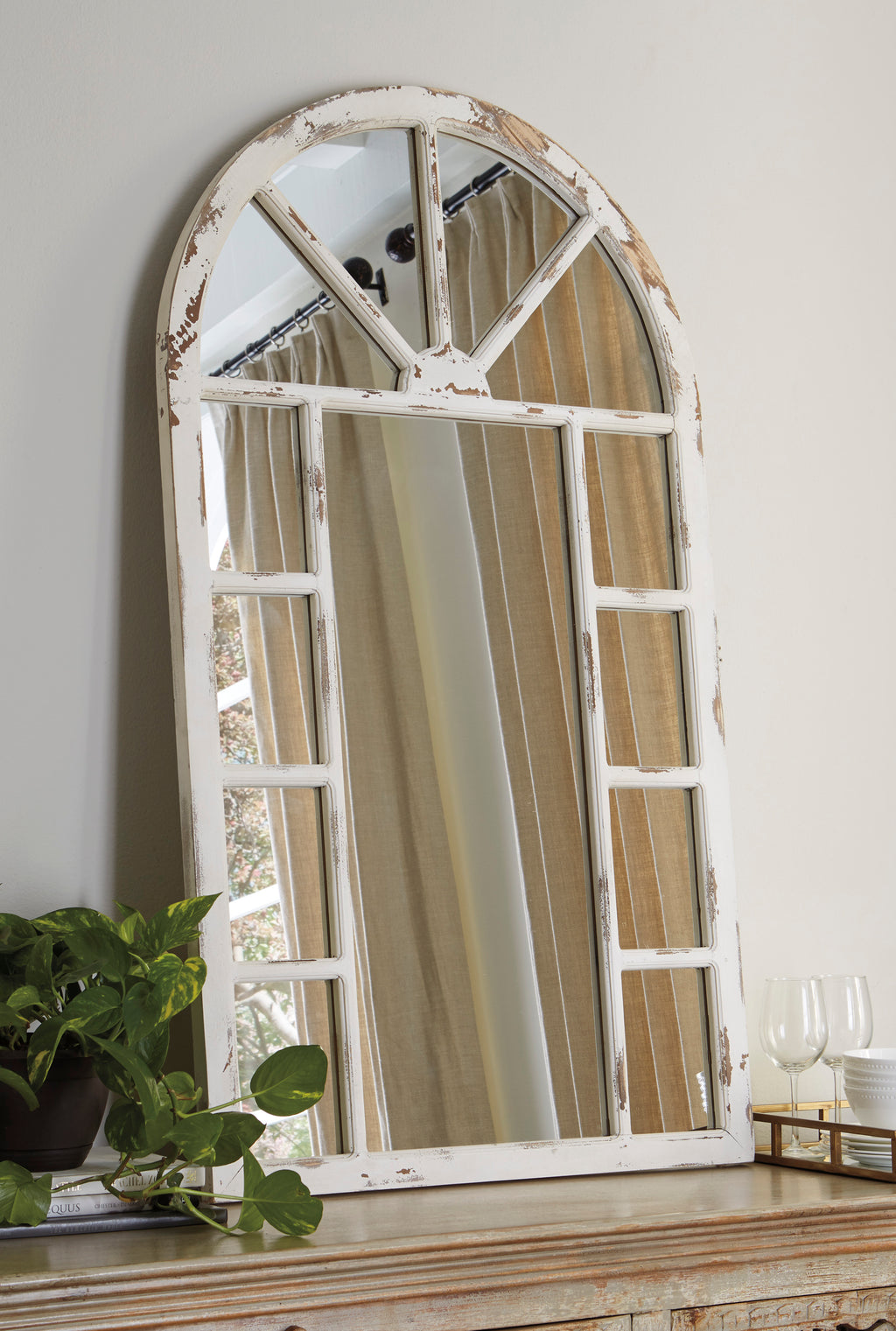 Antique White Arched Window Accent Wall Mirror