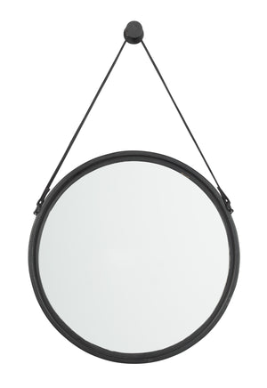 Round Black Accent Wall Mirror with Leather Strap
