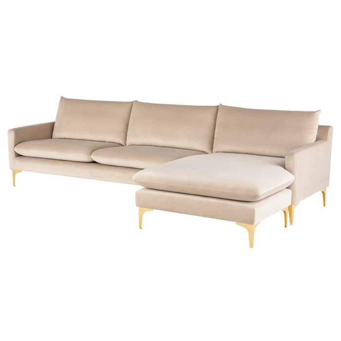 Anders Nude Velour Sectional with Black or Gold Legs
