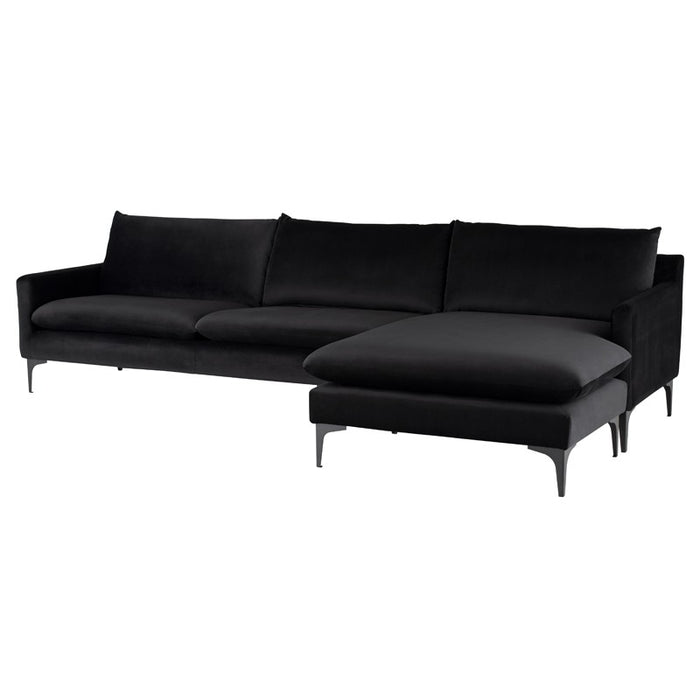 Anders Black Velour Sectional with Black, Gold or Silver Legs