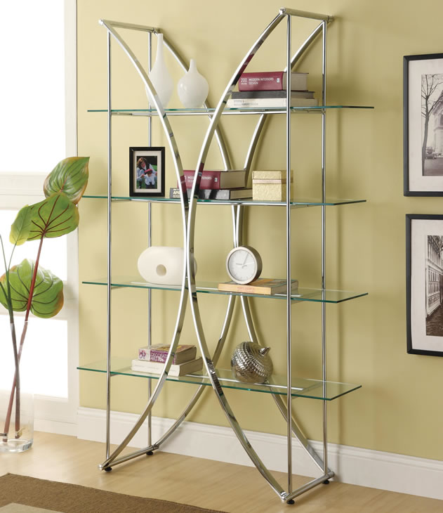 X-Motif Chrome Finish Bookshelf with Floating Style Glass Shelves