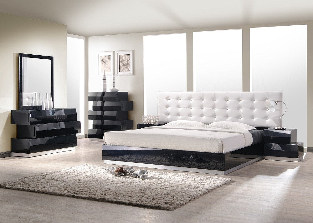 Mila Modern Platform Bed with Tufted Headboard in Black or White