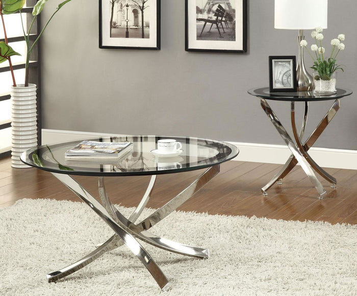 Round Clear Glass Coffee Table with Curved Nickel Base