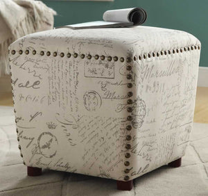 Script Pattern Cube Ottoman with Nail Head Accents