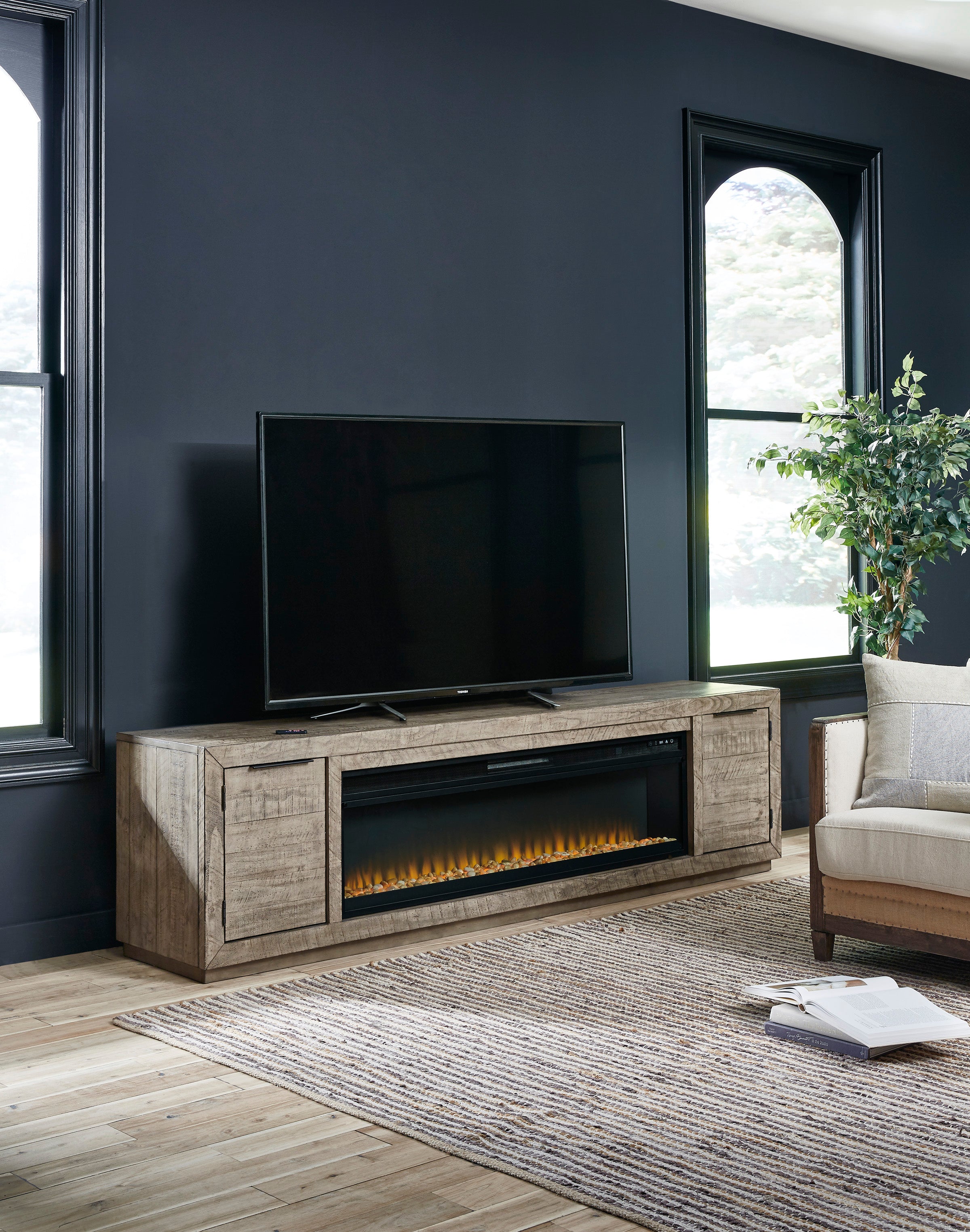 Stan Weathered Grey Media Stand with Optional Fireplace