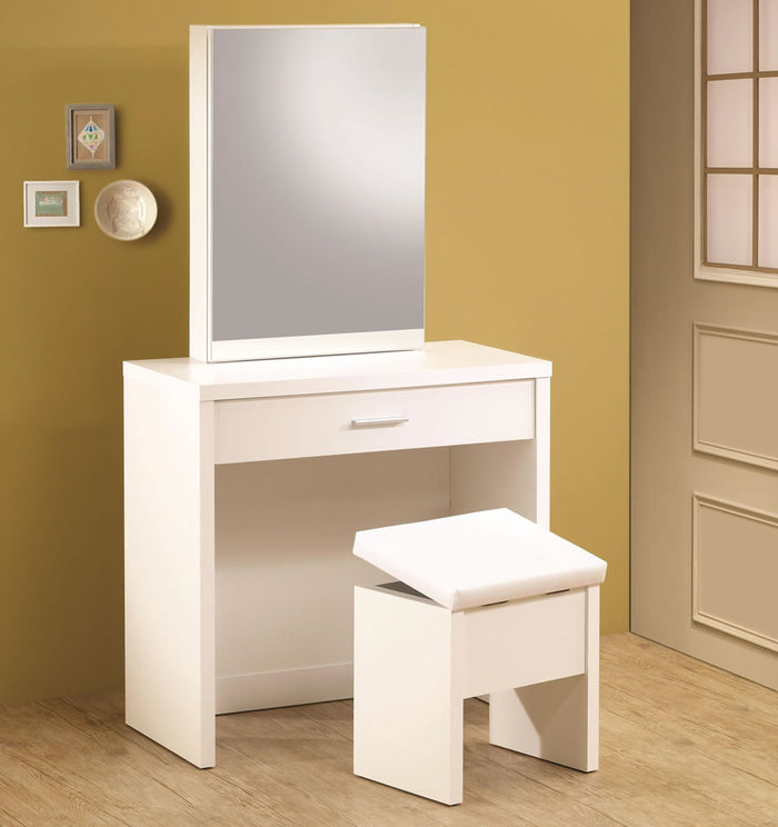 Glossy Vanity with Hidden Mirror Storage in White and Cappuccino