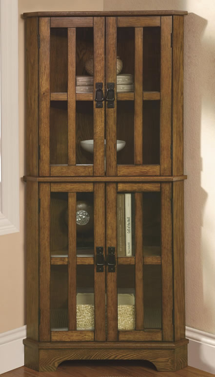 Corner Curio Cabinet with Windowpane-Style Door Fronts