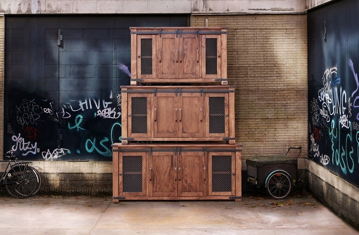 Industrial Solid Wood Media Stand with Sliding Barn Doors in 2 Sizes