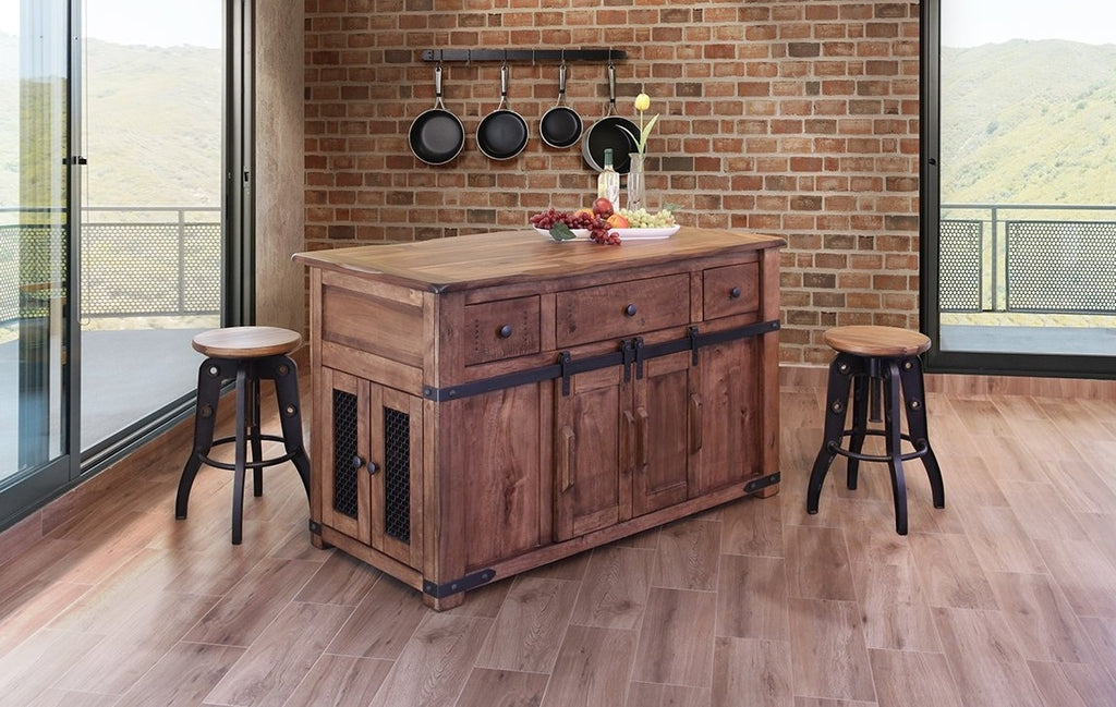 Solid Parota Wood Kitchen Island with Hidden Casters and Sliding Barn Doors