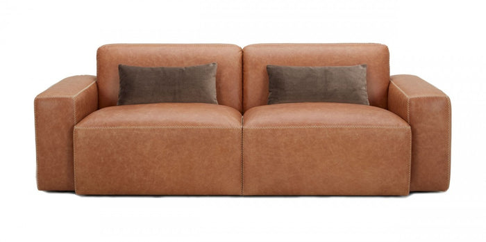 Ellen Brown Leather Sofa with Zig Zag Stitching