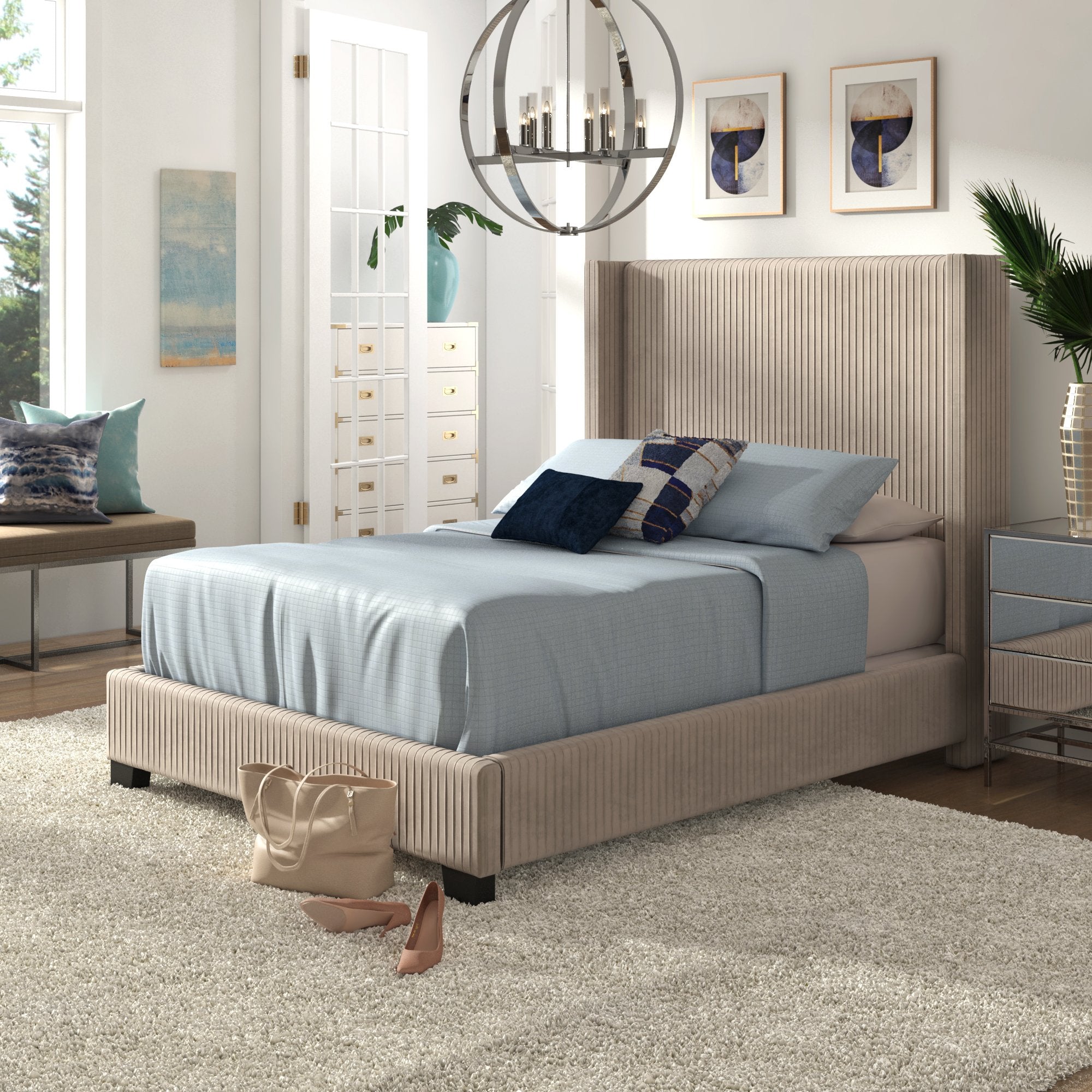 Pleated Wingback Upholstered Bed in Taupe or Grey