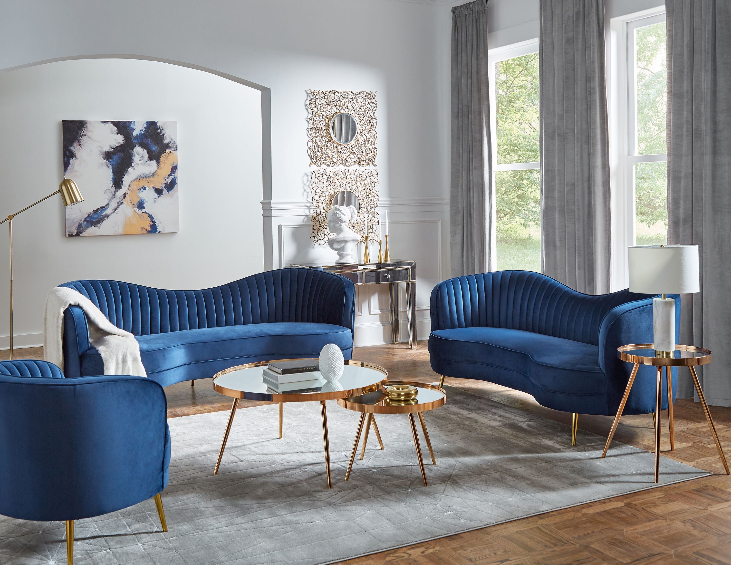 Sophie Velvet Living Room Collection in Blue or Grey